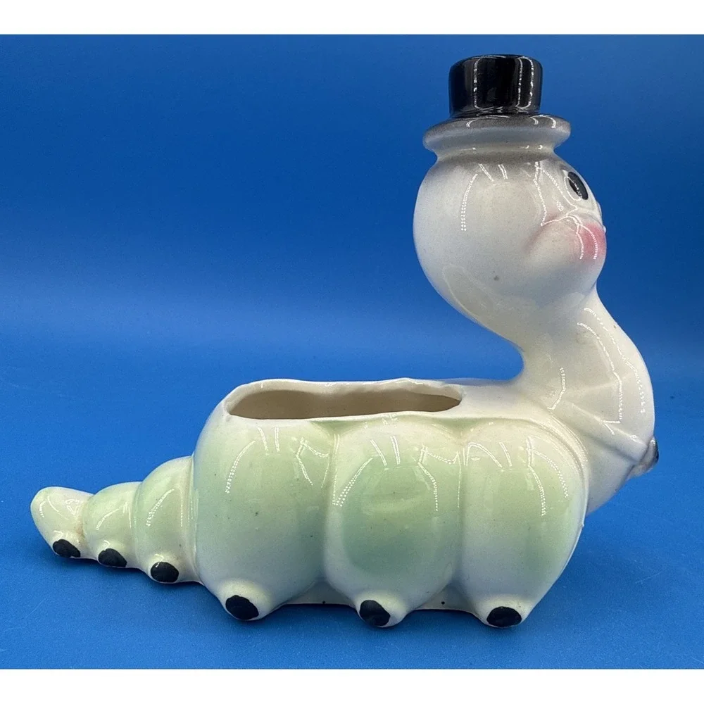 Vintage Anthropomorphic Caterpillar Planter Ceramic Figurine Worm Top Hat Bowtie